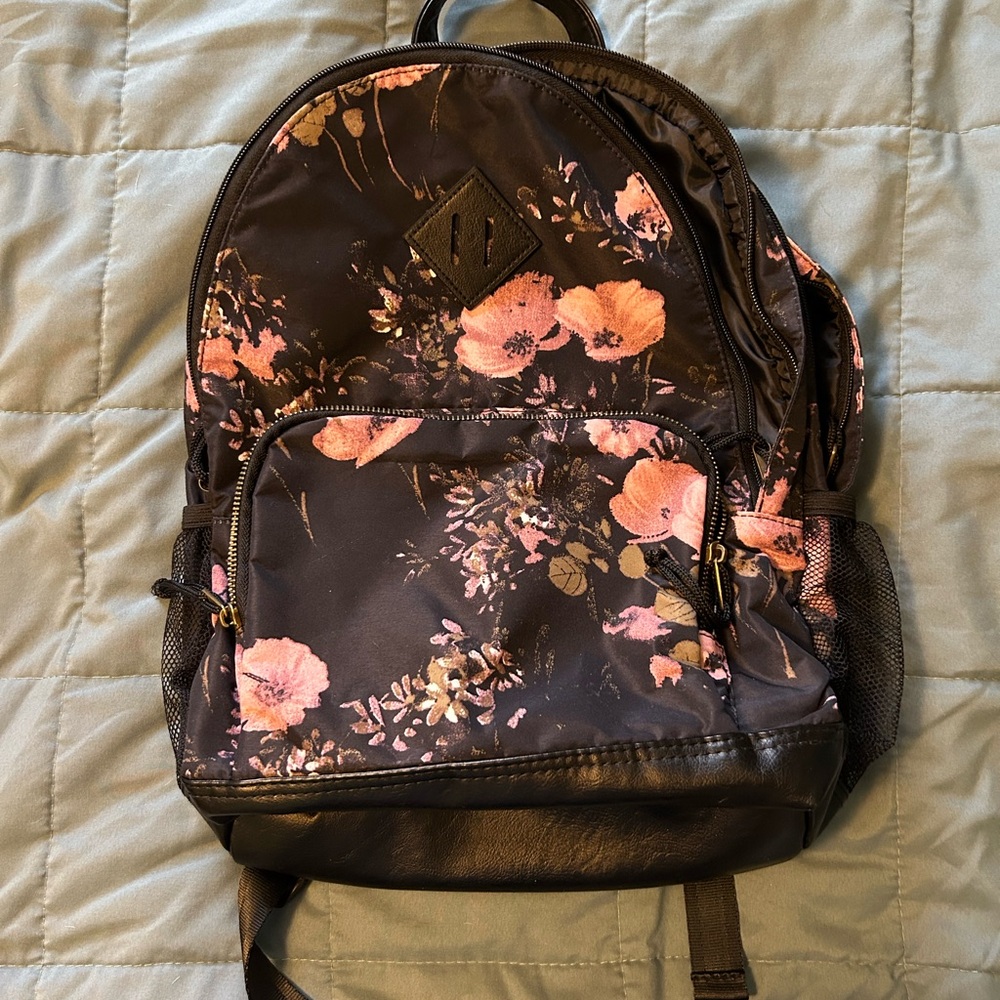 Black Floral Backpack with Pink Accents